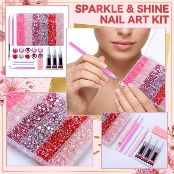 Mixed Resin Flatback Pearl Nail Art Kit - 24 Grid Decoration Set with 3 Glues, Dotting Pen & Tweezers for DIY 3D Manicure Design