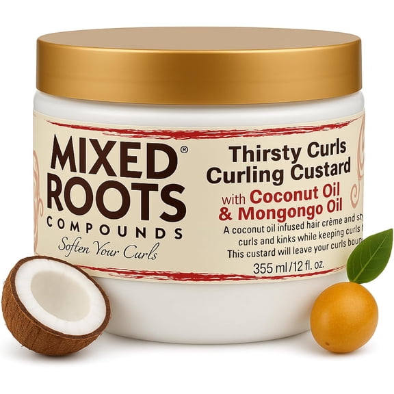 Mixed Roots Thirsty Curls Curling Custard with Coconut Oil and Mongongo Oil 12Oz