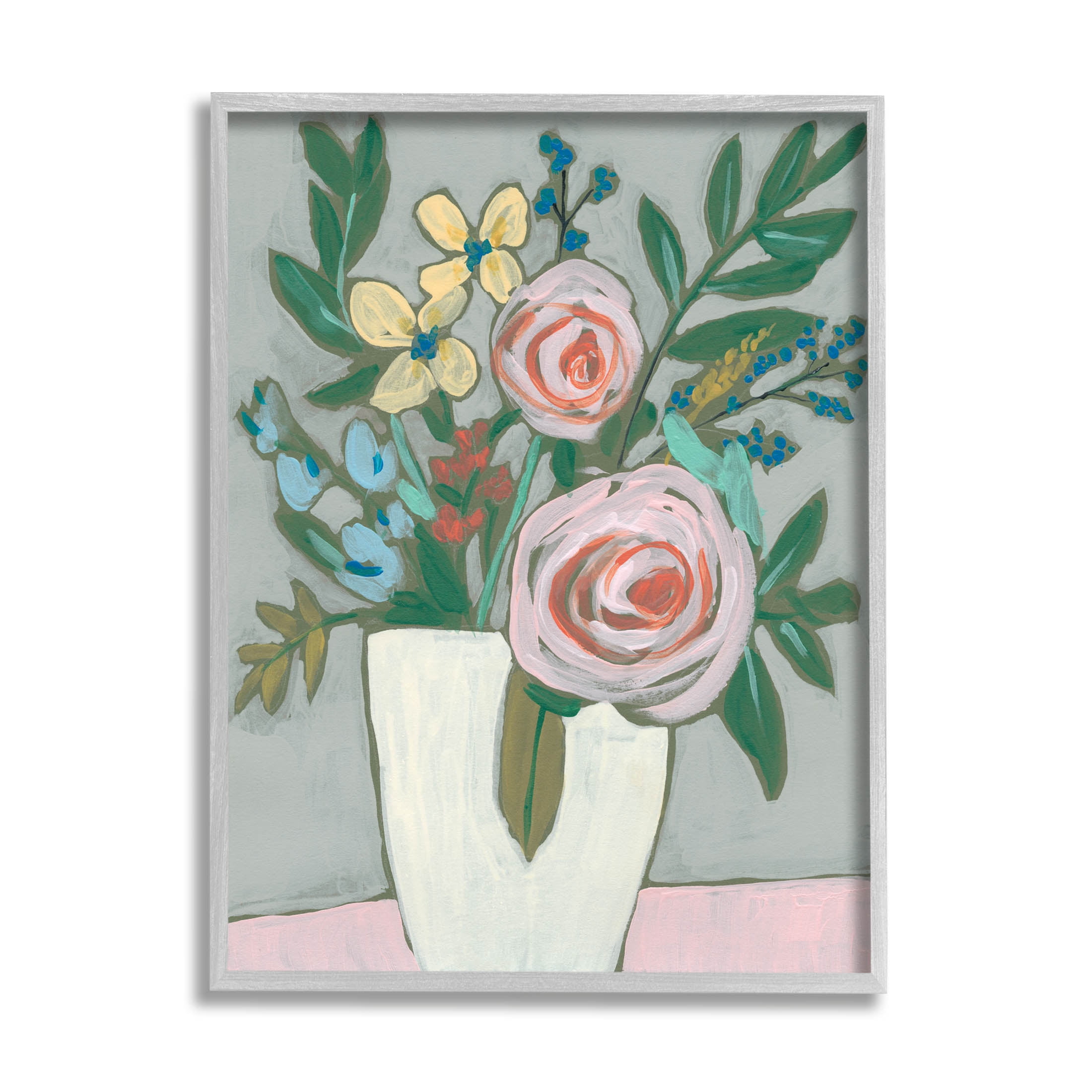 Mixed Rose Bouquet Abstract Botanical & Floral Painting Gray Framed Art Print Wall Art