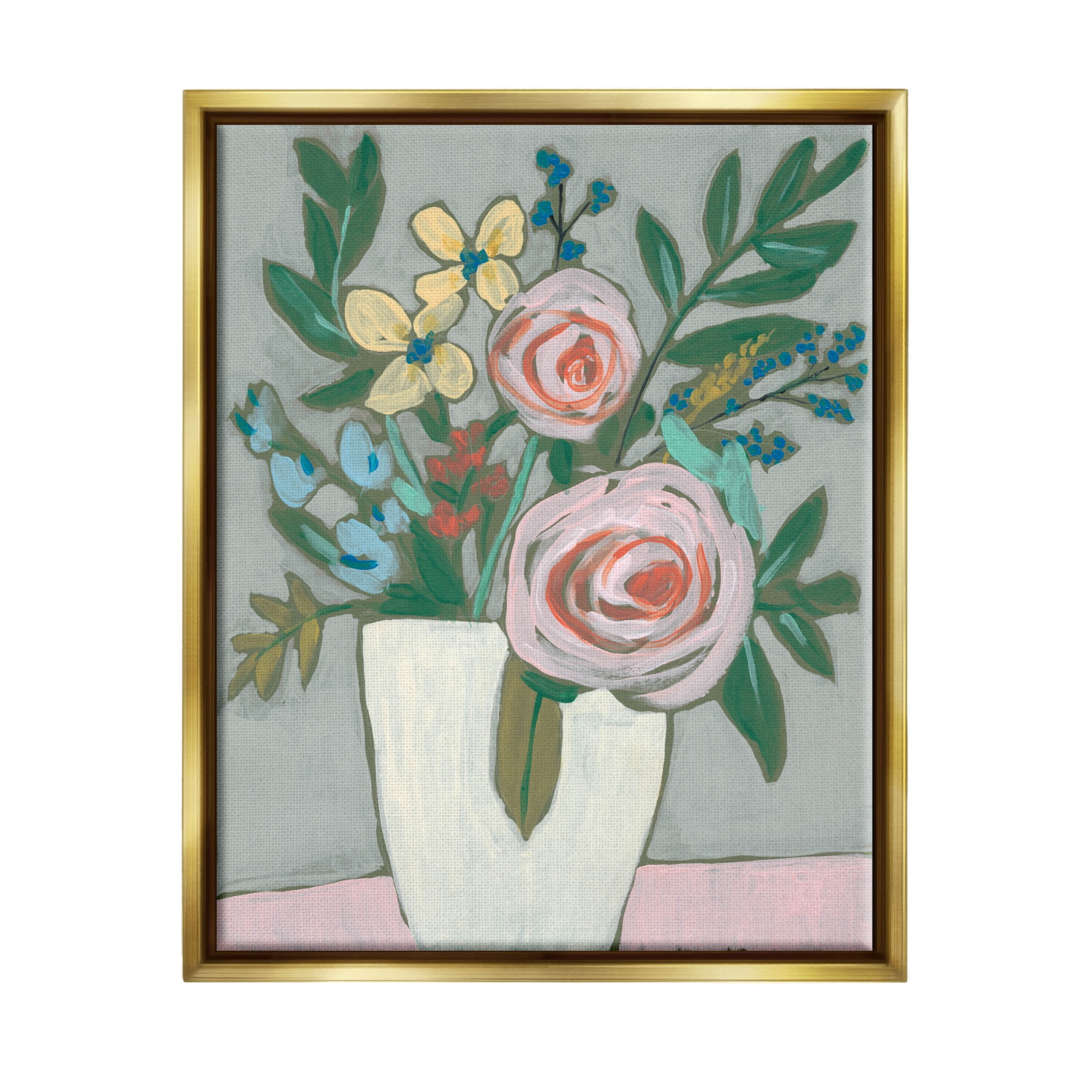Mixed Rose Bouquet Abstract Botanical & Floral Painting Metallic Gold Framed Art Print Wall Art