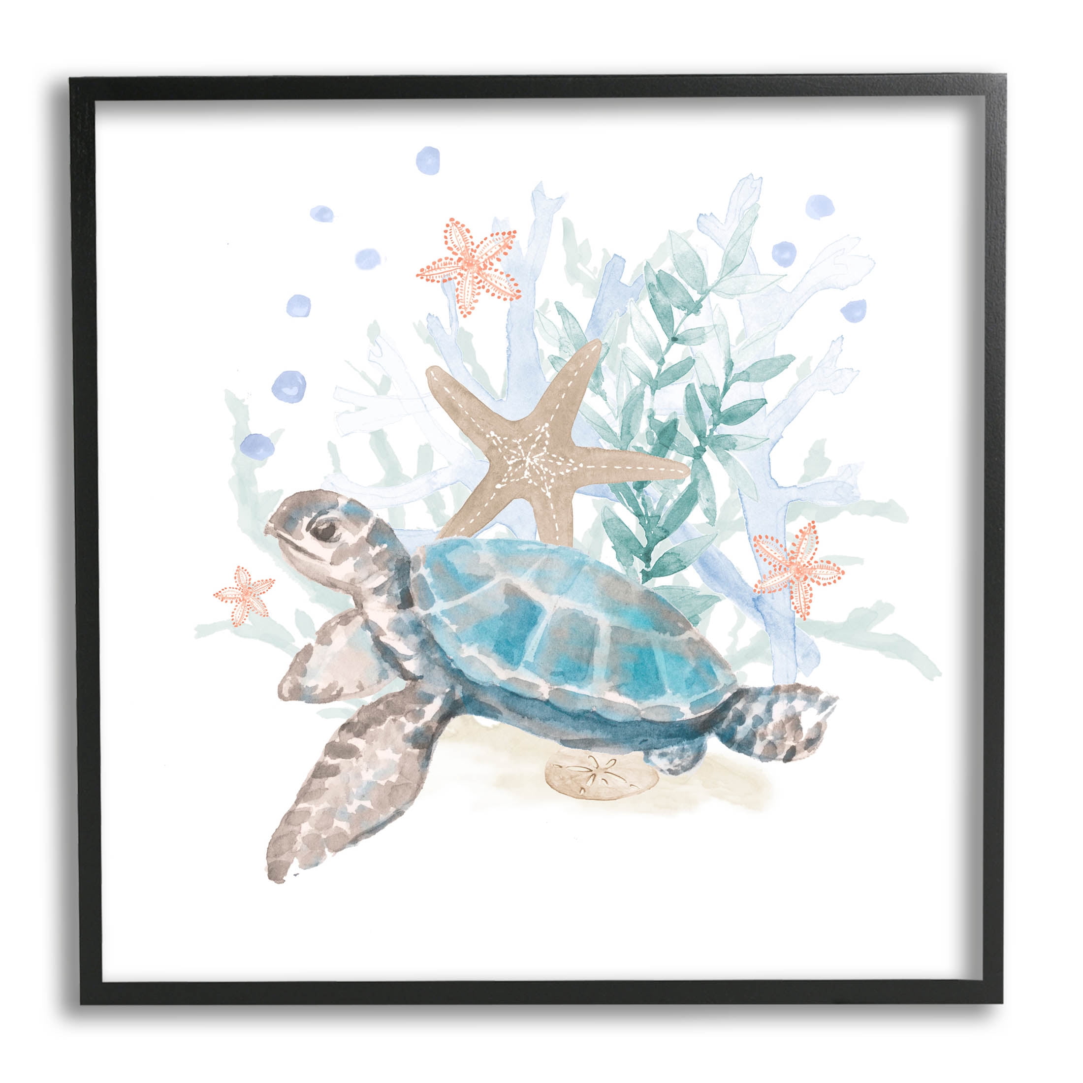 Mixed Sea Life Tortoise Swimming Animals & Insects Graphic Art Black Framed Art Print Wall Art