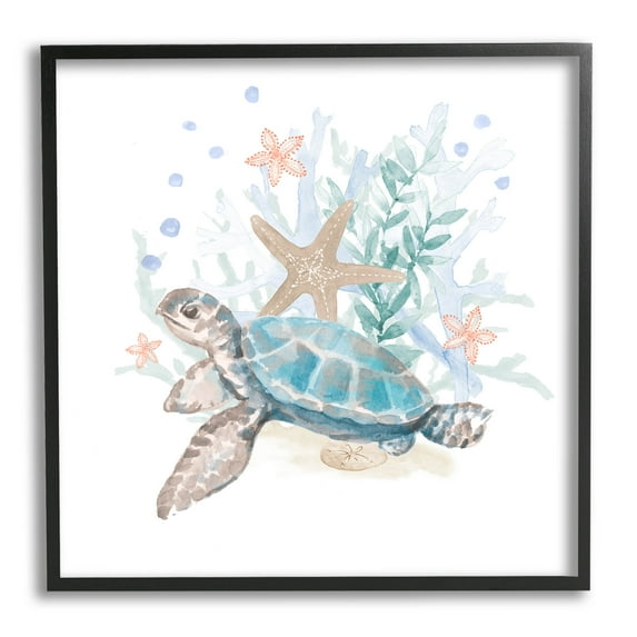 Mixed Sea Life Tortoise Swimming Animals & Insects Graphic Art Black Framed Art Print Wall Art