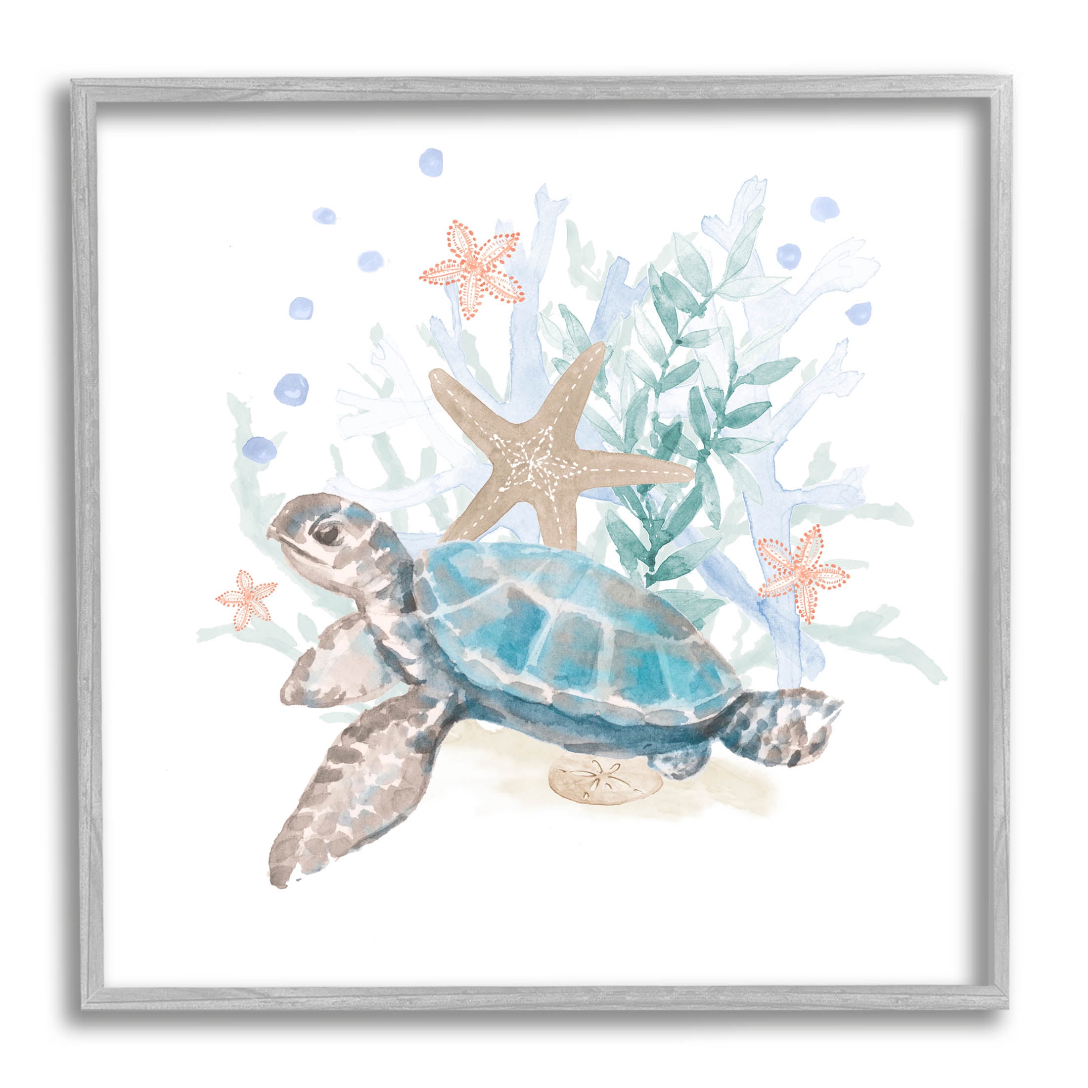 Mixed Sea Life Tortoise Swimming Animals & Insects Graphic Art Gray Framed Art Print Wall Art