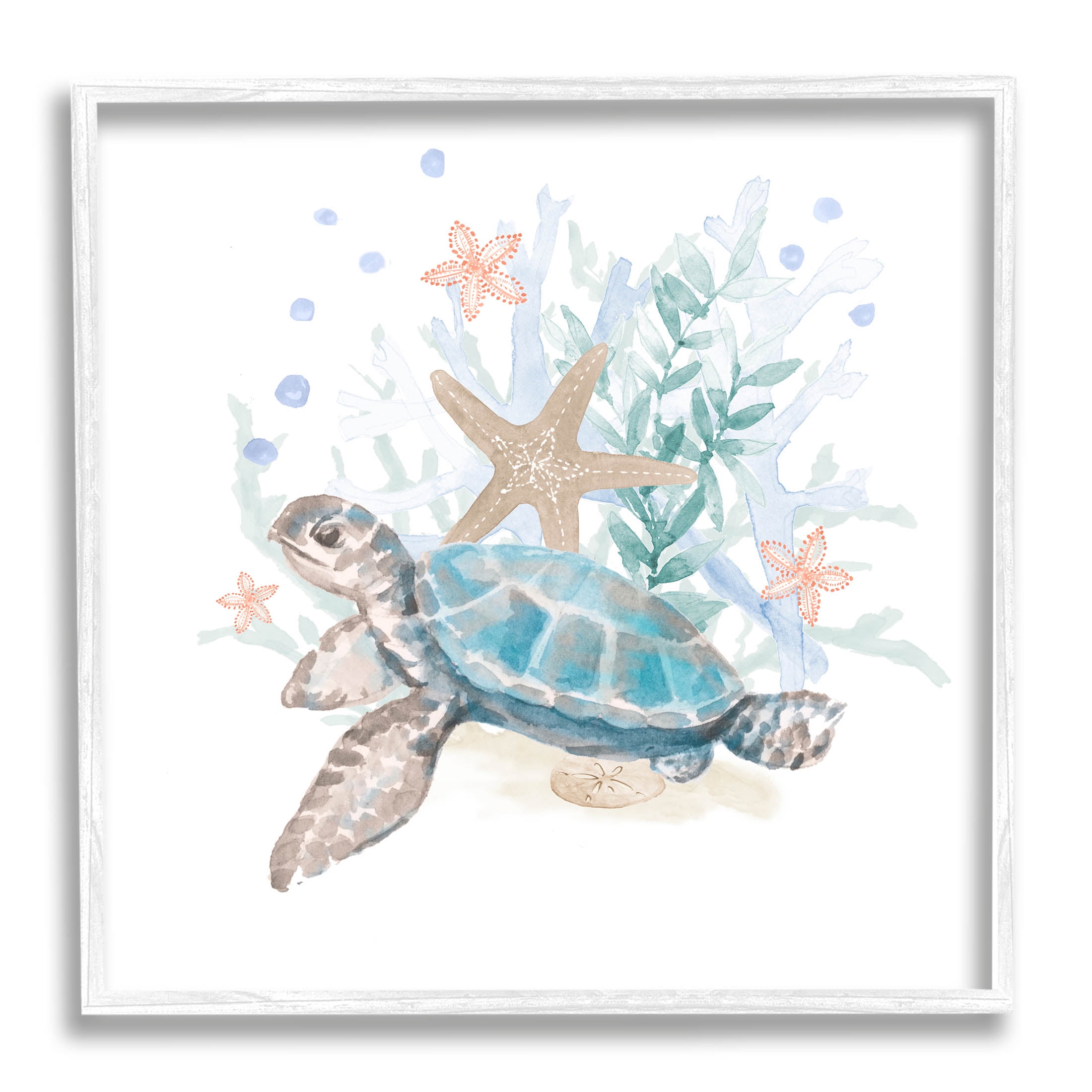 Mixed Sea Life Tortoise Swimming Animals & Insects Graphic Art White Framed Art Print Wall Art