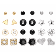 Mixed Shape Stud Earrings, Cubic Zirconia, 12 Pairs