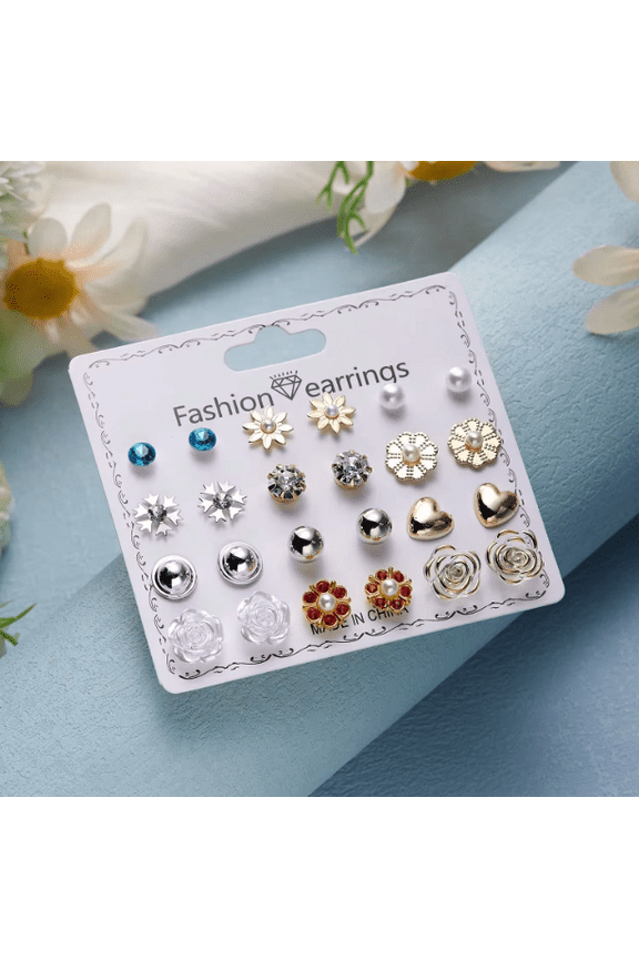 Mixed Shapes Clear, Red, White Cubic Zirconia, Pearl Stud Earrings, Stainless Steel, 12 Pairs