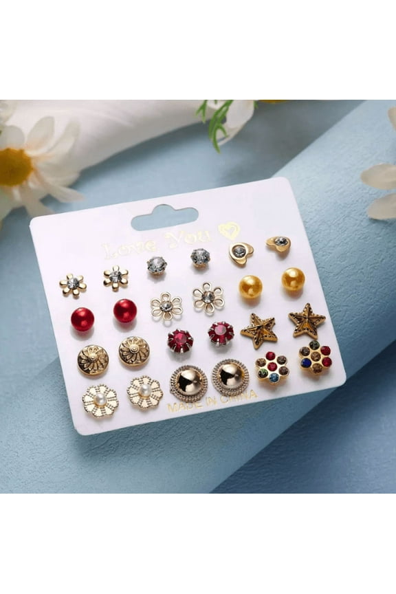 Mixed Shapes Multicolor Cubic Zirconia, Pearl Stud Earrings, Stainless Steel, 12 Pairs, 0.75 inches