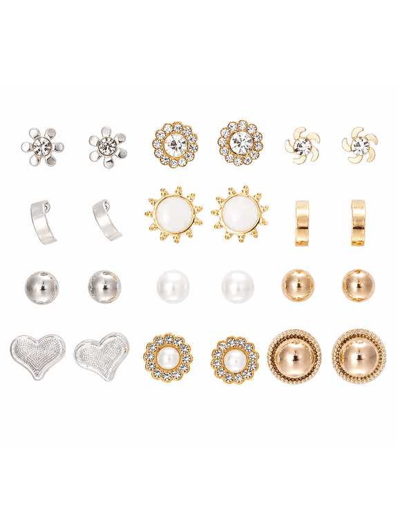 Mixed Shapes Multicolored Cubic Zirconia Stud Earrings, Stainless Steel, 12 Pairs