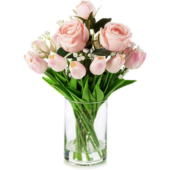 Mixed Silk Rose Artificial Flowers and Real Touch Tulips Fake Flowers in Glass Vase, Artificial Floral in Vase with Faux Water for Dining Table Centerpieces, Wedding Event (Pink)