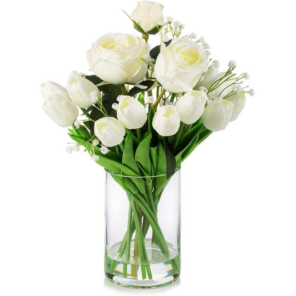 Mixed Silk Rose Artificial Flowers and Real Touch Tulips Fake Flowers in Glass Vase, Artificial Floral in Vase with Faux Water for Dining Table Centerpieces, Wedding Event (Pink)
