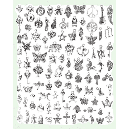 Mixed Silver Metal Charms Pendants for Bracelet Jewelry Making and Crafting, 100 PCS