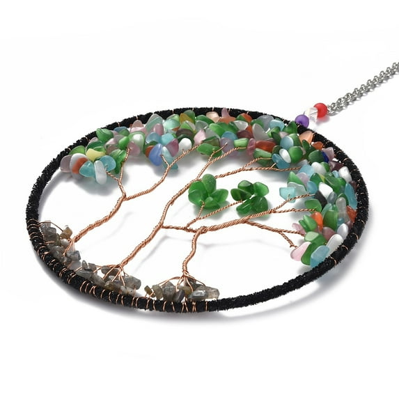 Mixed Stone 1 pc Wire Wrapped Chips Natural Gemstone Big Pendant Decorations with Iron Chains and Imitation Leather Rope Flat Round with Tree of Life 295mm