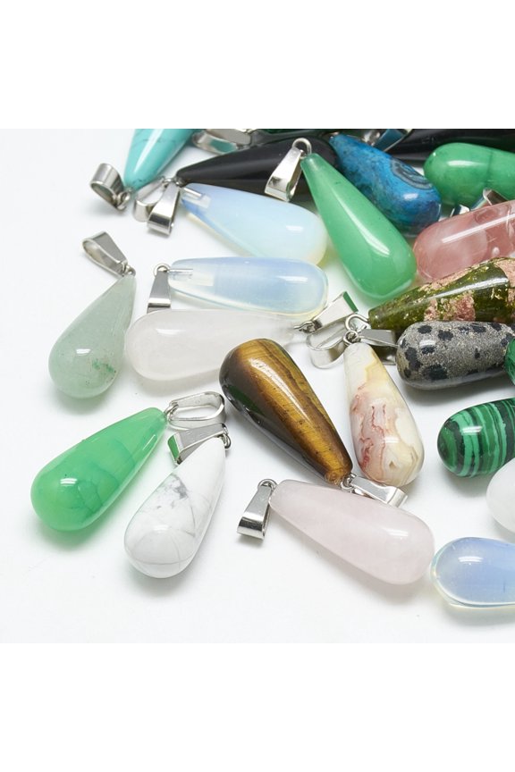 Mixed Stone 50 pc Natural & Mixed Stone Pendants with Stainless Steel Snap On Bails teardrop 28~30x10~12mm Hole: 6x4mm