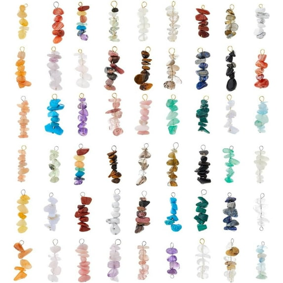 Mixed Stone 54pcs 54 styles Mixed Gemstone Pendants Chip Beaded Charms with 304 Stainless Steel Loops Stainless Steel color Mixed Dyed and Undyed 28~34x7~10x7~10mm Hole: 2x3mm 1pc/style
