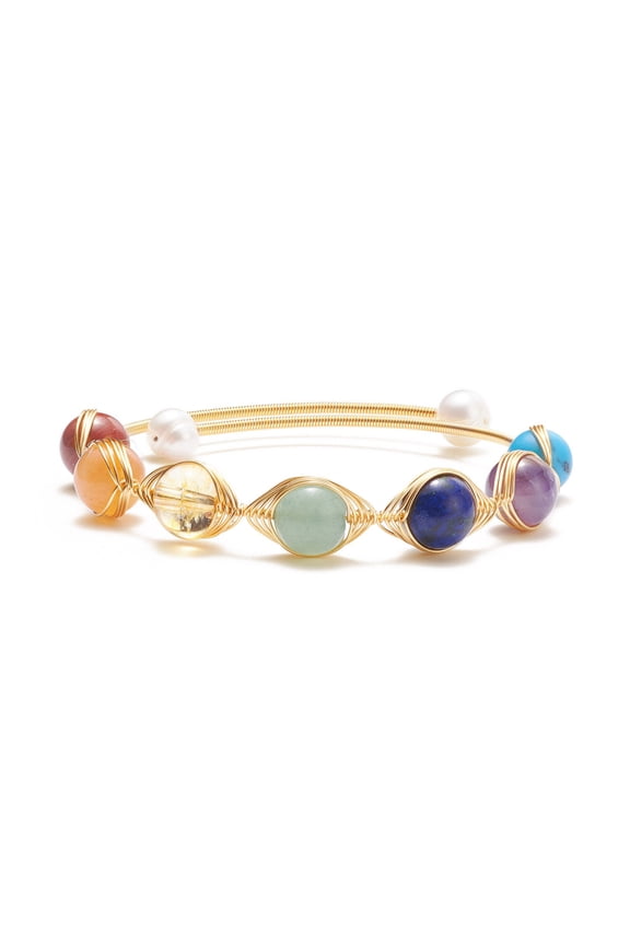 Mixed Stone Natural Pearl Beads Wire Wrapped Cuff Bangle 7 Open Torque Bangle for Women Golden Inner Diameter: 2 inch(5cm)