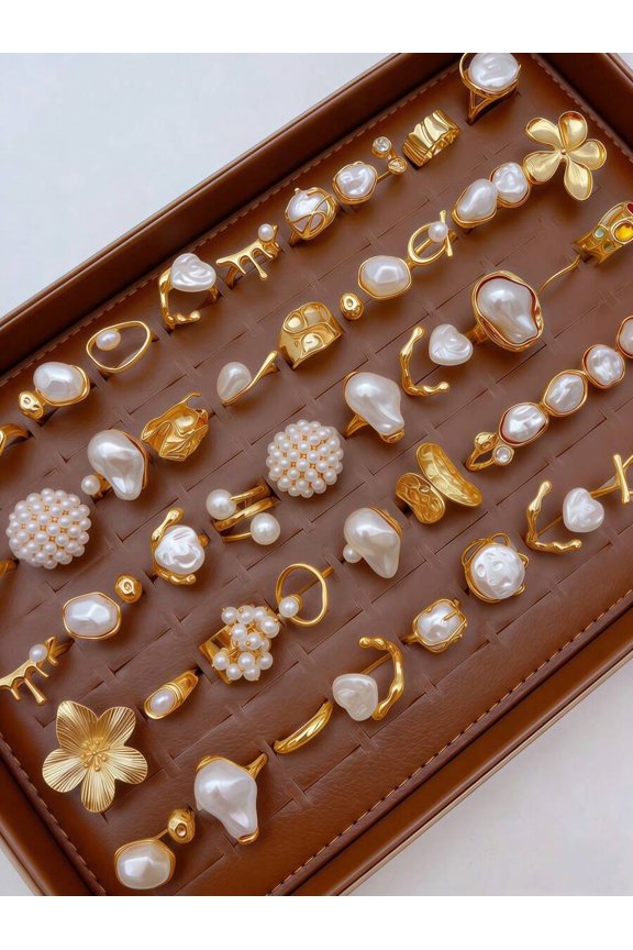 Mixed Style Faux Pearl Ring Set: 15pcs Asymmetrical Geometric Liquid Shape Heart Teardrop Wavy Goldtone Rings