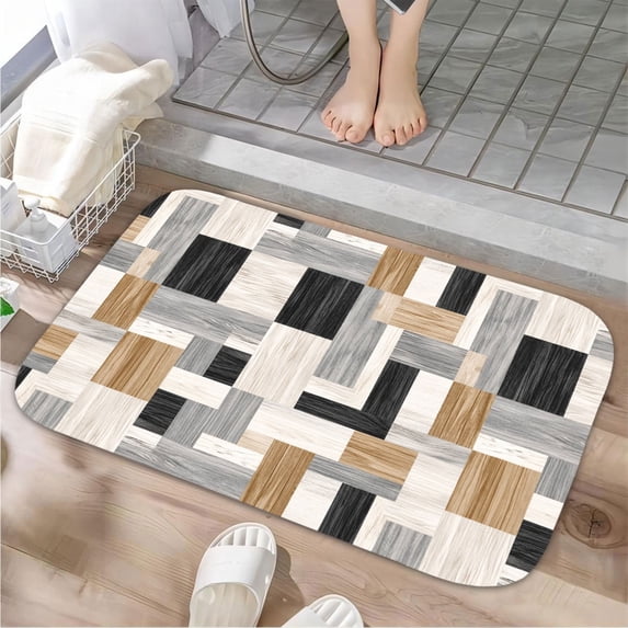 Mixed Tone Wooden Plank Luxury Flannel Bathroom Mats 16x24, Extra Soft and Absorbent Non-Slip Shower Rug for Bathroom Floor