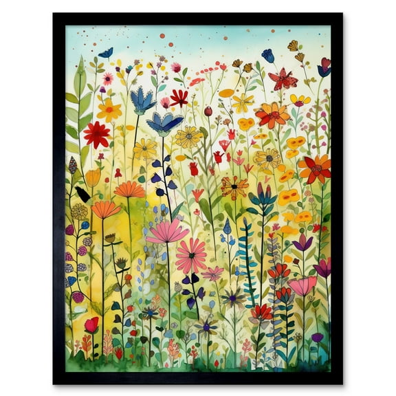 Mixed Wildflower Bloom In Meadow Folk Art Art Print Framed Poster Wall Decor 12x16 inch
