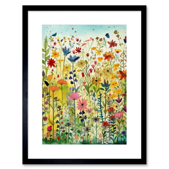 Mixed Wildflower Bloom In Meadow Folk Art Artwork Framed Print Wall Art 9X7 Inch