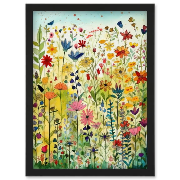 Mixed Wildflower Bloom In Meadow Folk Art Artwork Framed Wall Art Print A4