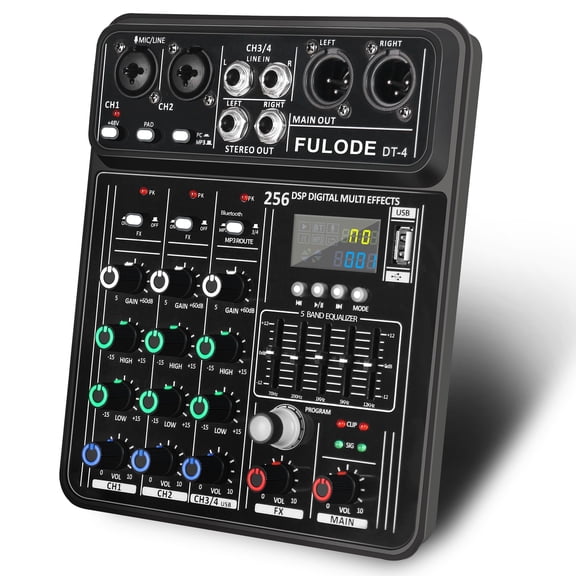 Mixer Audio 4 Channel Music Mixing Board with 256DSP & 5-Band EQ, Small DJ Console Sound Mixer with USB Port Bluetooth, 48V Phantom Power & PAD Function for Recording Studio Streaming Karaoke