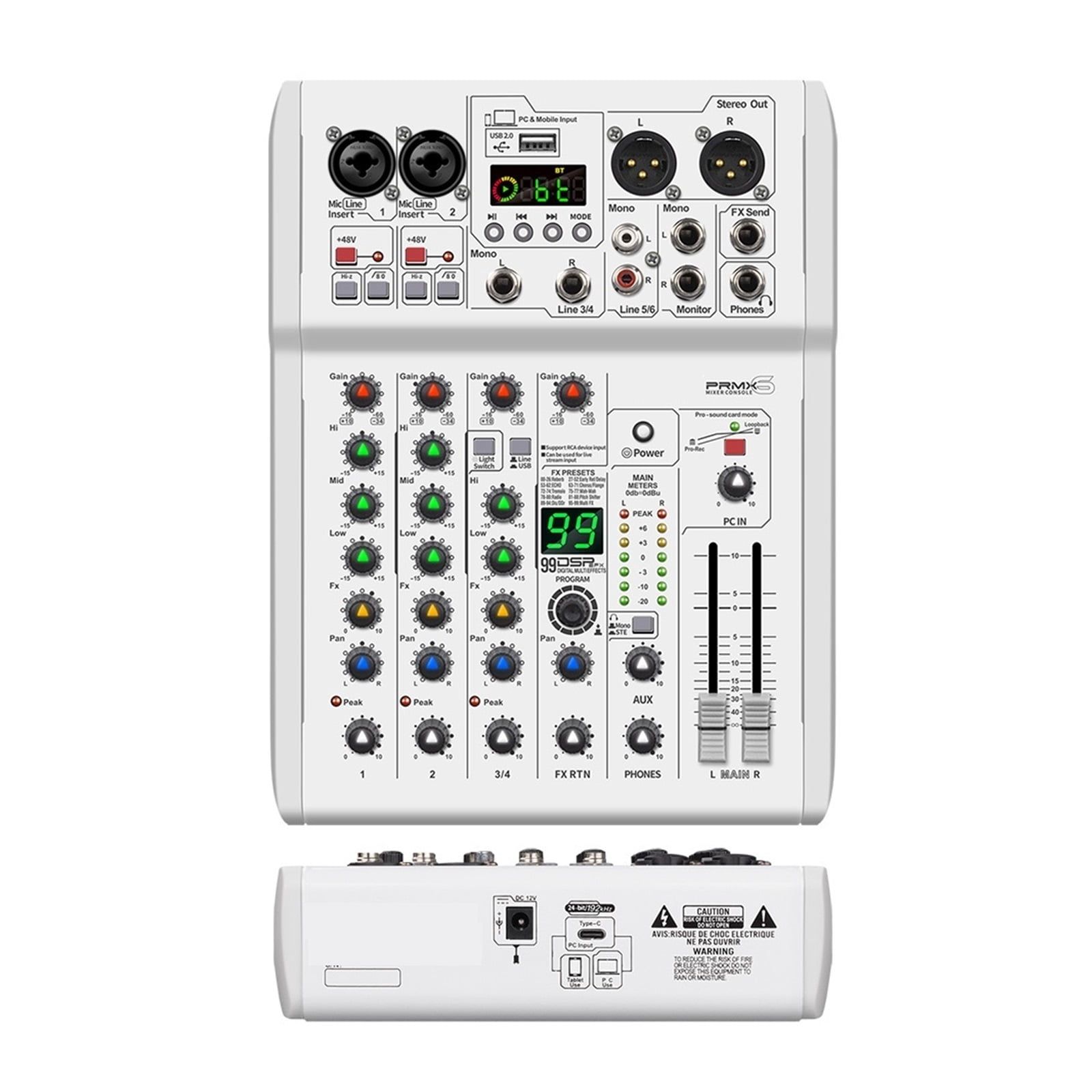Mixer DJ Console 99 DSP Effects Mixing Console PRMX-6 With 5.0 BT 24bit/192k For Recording Musical Instrument ,Easy to Operate