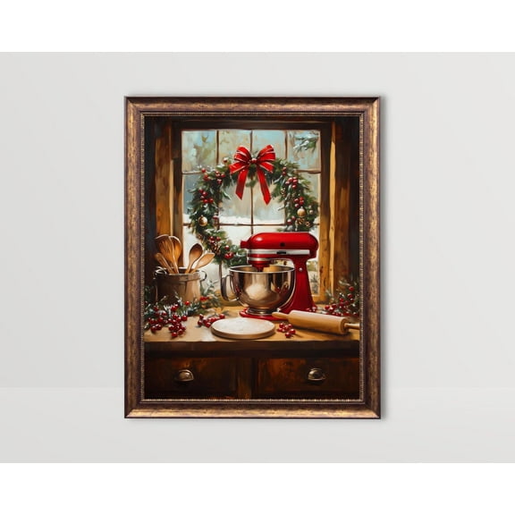 Mixer, Kitchen Wall Art, Winter Baking Poster, Home Decor Festive Gifts For Bakers Vintage Rustic Kitchen, Unframed Poster Size 8x12