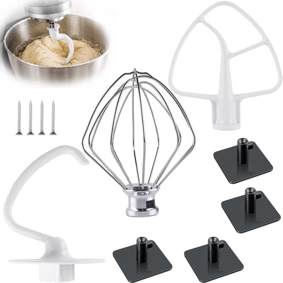 Stand Mixer Attachments Kit Compatible with KitchenAid, Stainless Steel Wire Whip, Dough Hook, Flat Beater Paddle with Scraper, Replacement Mixer Accessories, with 4 Holders
