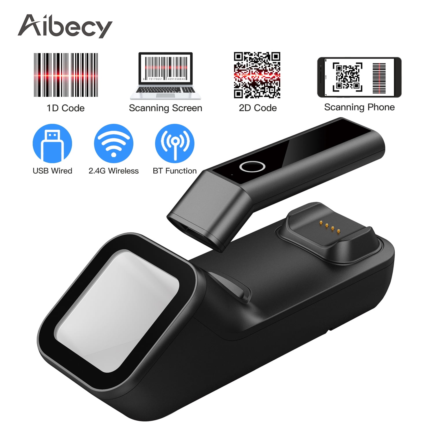 Mixfeer Aibecy 3-in-1 Barcode Scanner Handheld 1D/2D/QR Bar Code Reader Support BT & 2.4G Wireless & USB Wired Connection for Supermarket Logistics Warehouse Mobile Payment