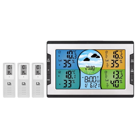 Digital Weather Station with 3 Remote Sensors,with Temperature Humidity Monitor, Alarm Clock,Weather Forecast/ Pressure/ Backlight/ Date/ Week Function for Home Office Greenhouse Warehouse