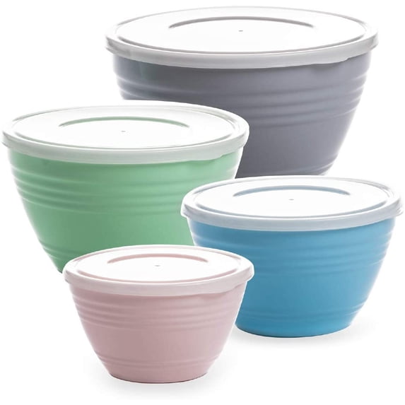 | Mixing Bowl Set with Lids Versatile Plastic Bowls for Kitchen Mixing, Serving, and Storage - 4-Piece in Various Sizes Space-Saving Nesting Design Dishwasher Safe
