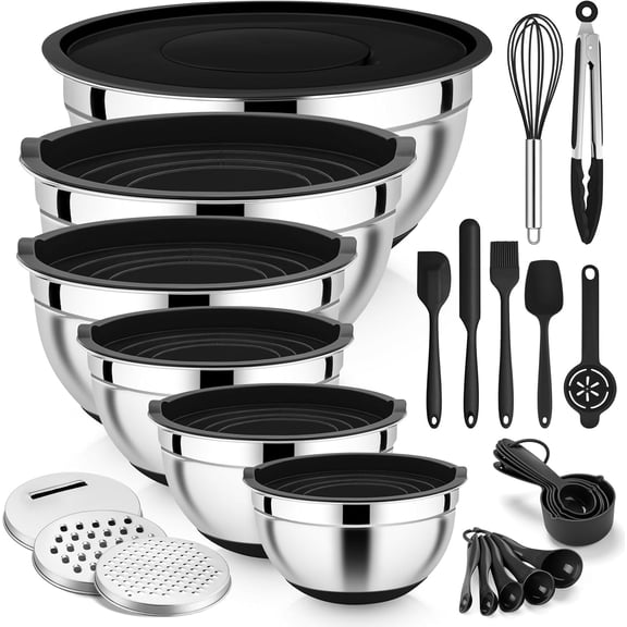 Mixing Bowls with Airtight Lid St, 25PCS Stainlss Stl Nsting Prp Bowls with Gratr Attachmnts Non-Slip Bottoms for Cooking, Baking, Srving, Food Storag, 4.6/2.6/2/1.5/1/0.7QT - Black