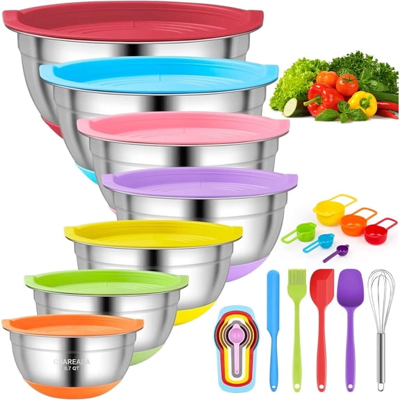 Mixing Bowls with Airtight Lids, 18pcs Stainless Steel Nesting Mixing Bowls Set Non-slip Silicone Bottom, Size 4.5, 3.6, 2.7, 2.1, 1.7, 1.1, 0.7 qt, Fit for Mixing & Serving(Colorful)