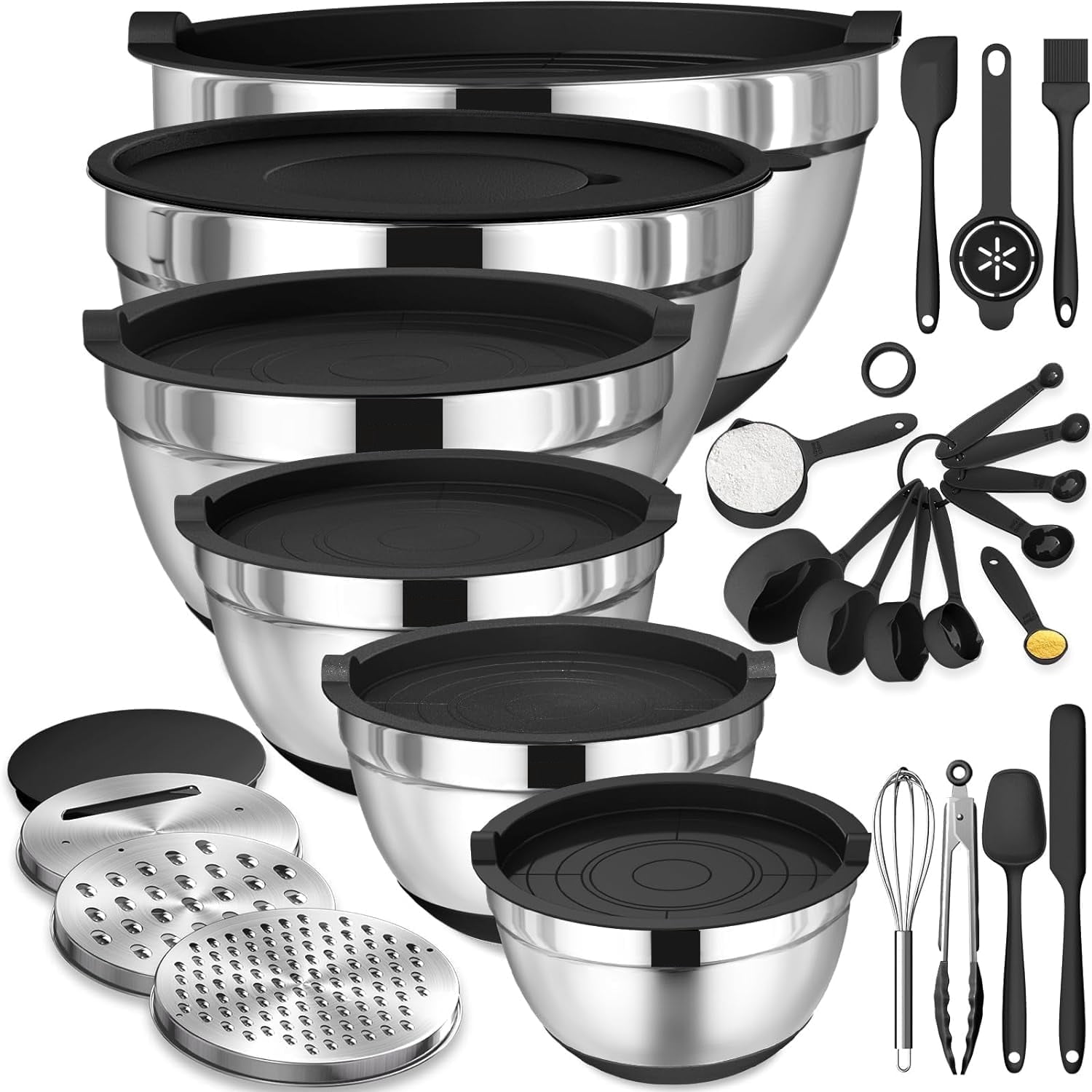 Mixing Bowls with Airtight Lids, AOKIWO 26Pcs Stainless Steel Nesting Non-Slip Bottoms Mixing Serving Bowls Set wtih 3 Grater & Tools Gadgets, 7/4/2.5/2.5/1.5/1QT Metal Salad Bowls for Serving Preppi