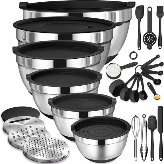 Mixing Bowls with Airtight Lids, AOKIWO 26Pcs Stainless Steel Nesting Non-Slip Bottoms Mixing Serving Bowls Set wtih 3 Grater & Tools Gadgets, 7/4/2.5/2.5/1.5/1QT Metal Salad Bowls for Serving Preppi