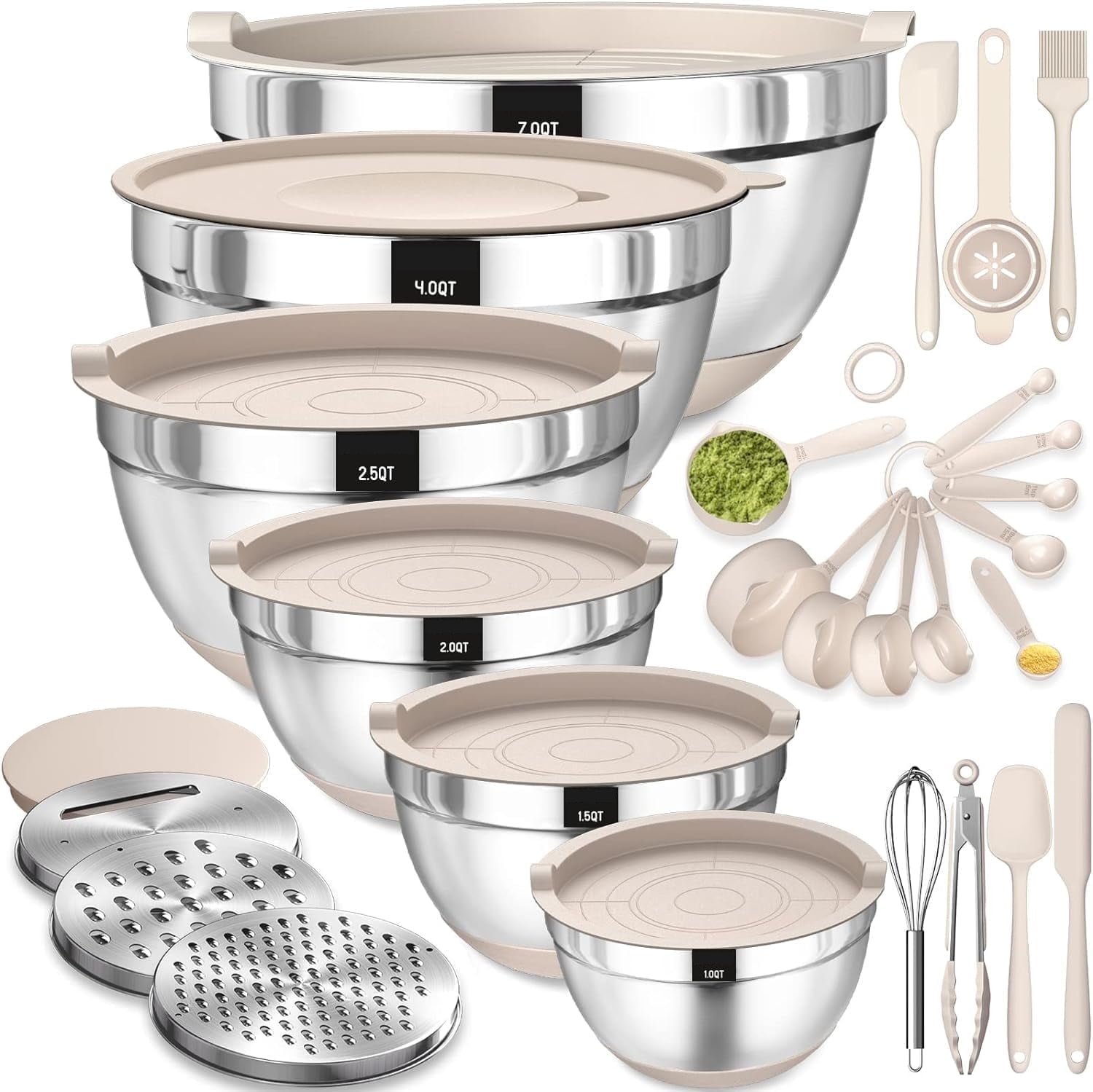 Mixing Bowls with Airtight Lids, AOKIWO 32Pcs Stainless Steel Nesting Non-Slip Bottoms Mixing Serving Bowls Set wtih 3 Grater & Tools Gadgets, 7/4/2.5/2/1.5/1QT Metal Salad Bowls for Serving Preppi
