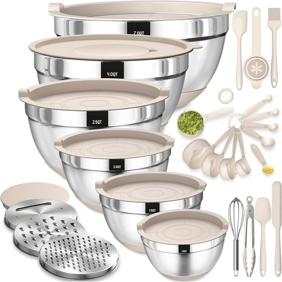 Mixing Bowls with Airtight Lids, AOKIWO 32Pcs Stainless Steel Nesting Non-Slip Bottoms Mixing Serving Bowls Set wtih 3 Grater & Tools Gadgets, 7/4/2.5/2/1.5/1QT Metal Salad Bowls for Serving Preppi