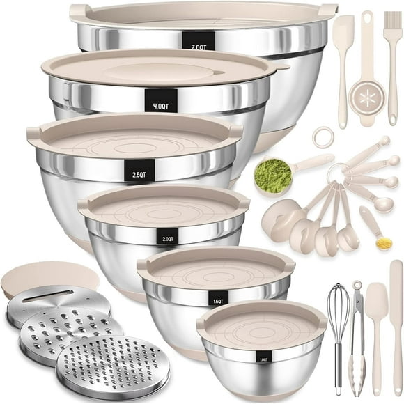 Mixing Bowls with Airtight Lids, AOKIWO 26Pcs Stainless Steel Nesting Non-Slip Bottoms Mixing Serving Bowls Set wtih 3 Grater & Tools Gadgets, 7/4/2.5/2.5/1.5/1QT Metal Salad Bowls for Serving Preppi