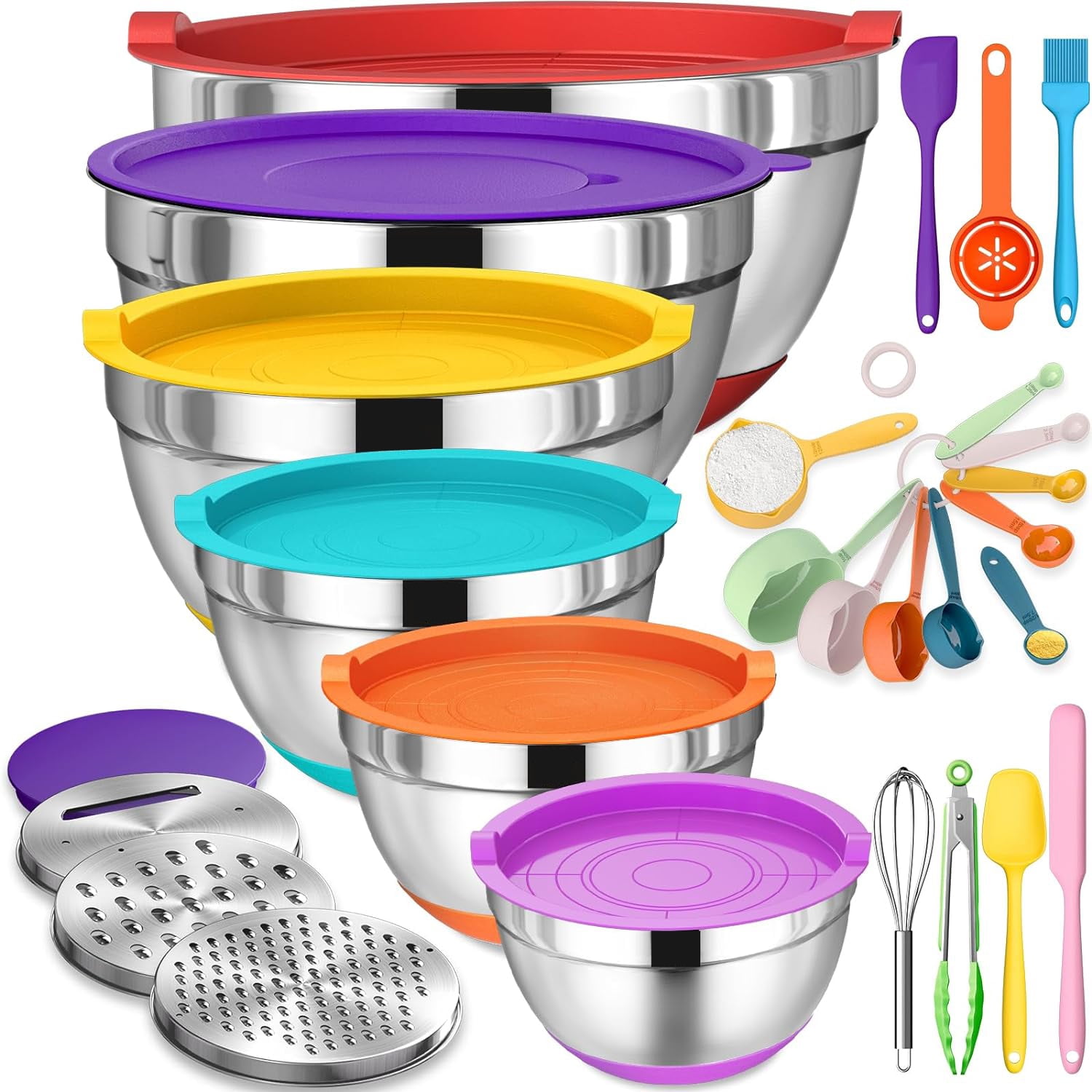 Mixing Bowls with Airtight Lids, 26Pcs Stainless Steel Bowls Set, 3 Grater Attachments & Black Non-Slip Bottoms Size 7, 4, 2.5, 2.0,1.5, 1QT, Great for Mixing & Serving - Walmart.com
