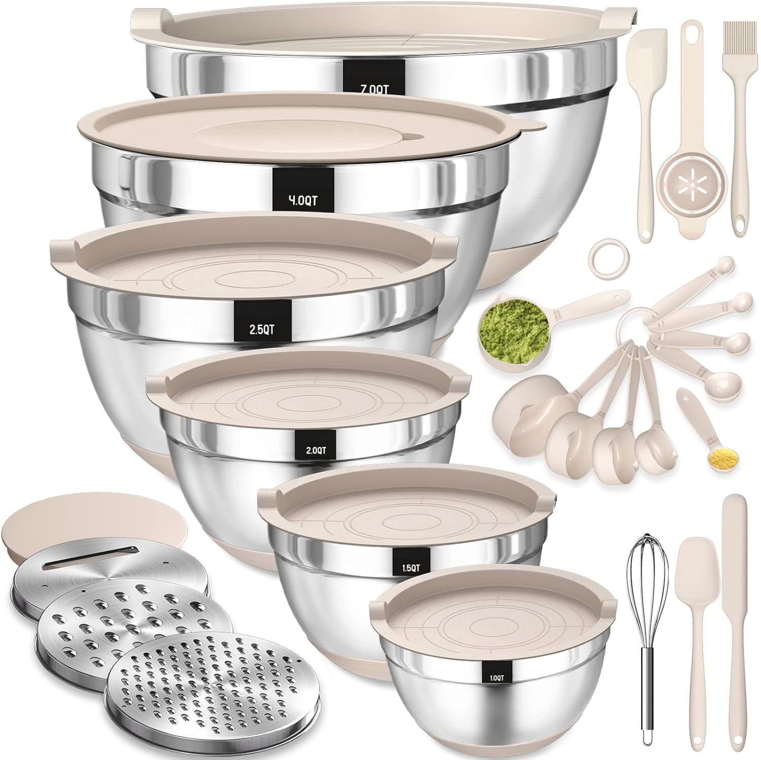 Mixing Bowls with Airtight Lids, 25Pcs Stainless Steel Bowls Set, 3 Grater Attachments & Black Non-Slip Bottoms Size 7, 4, 2.5, 2.0,1.5, 1QT, Great for Mixing & Serving - Walmart.com