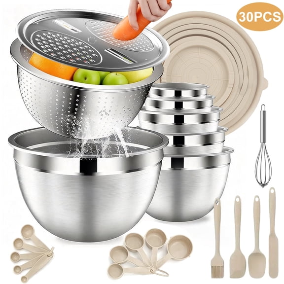 Mixing Bowls with Airtight Lids Set, 30 PCS Stainless Steel Mixing Bowls Set with Colander & Grater, Kitchen Serving Gadgets and Accesseries, Size 4.5, 3, 2.5, 2,1.5,1, 0.75 QT, Khaki