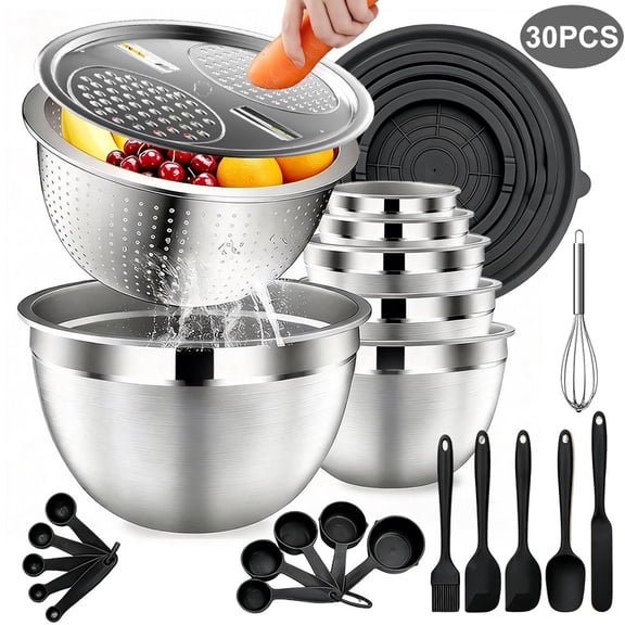 Mixing Bowls with Airtight Lids Set, TAIMASI 30 PCS Stainless Steel Mixing Bowl Set w Colander & Grater, Kitchen Serving Gadgets and Tools