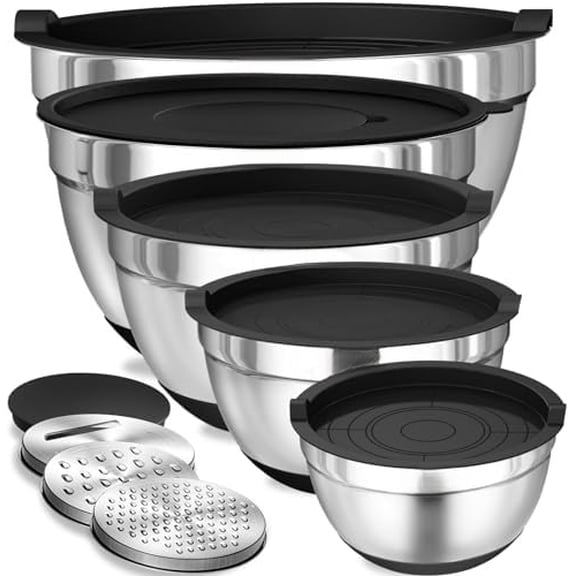 Mixing Bowls with Airtight Lids, 8PCS Stainless Steel Nesting Mixing Bowls Set, 3 Grater Attachments & Non-Slip Bottoms, Black Kitchen Bowls, Size 5, 4, 3.5, 2, 1.5QT for Baking & Serving