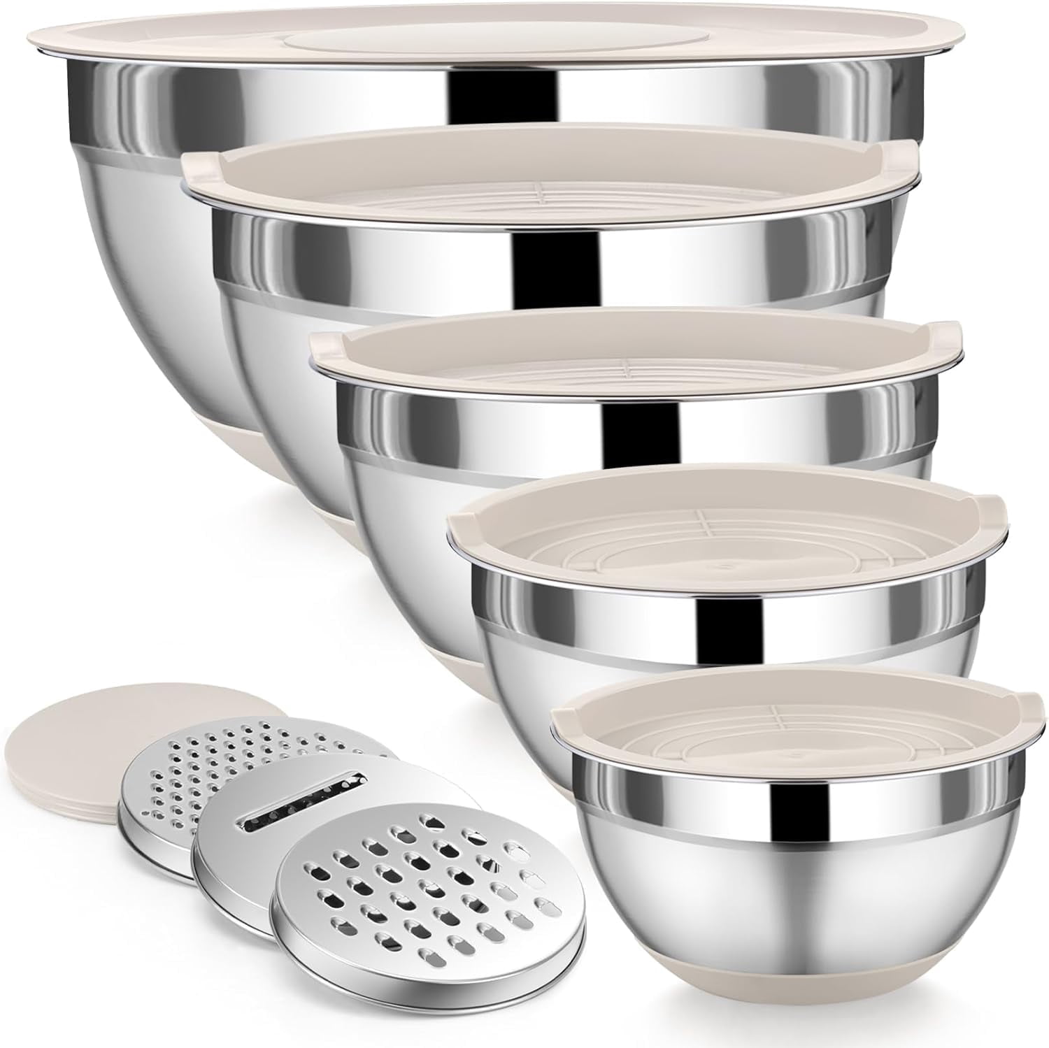 Mixing Bowls with Airtight Lids, AOKIWO 8 PCS Stainless Steel Bowls Set with 3 Grater Attachments, Metal Nesting Bowls Size 5, 4, 3.5, 2, 1.5 QT for Cooking, Baking, Khaki