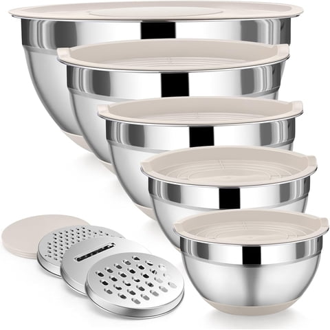 Mixing Bowls with Airtight Lids, AOKIWO 8 PCS Stainless Steel Bowls Set with 3 Grater Attachments, Metal Nesting Bowls Size 5, 4, 3.5, 2, 1.5 QT for Cooking, Baking, Khaki