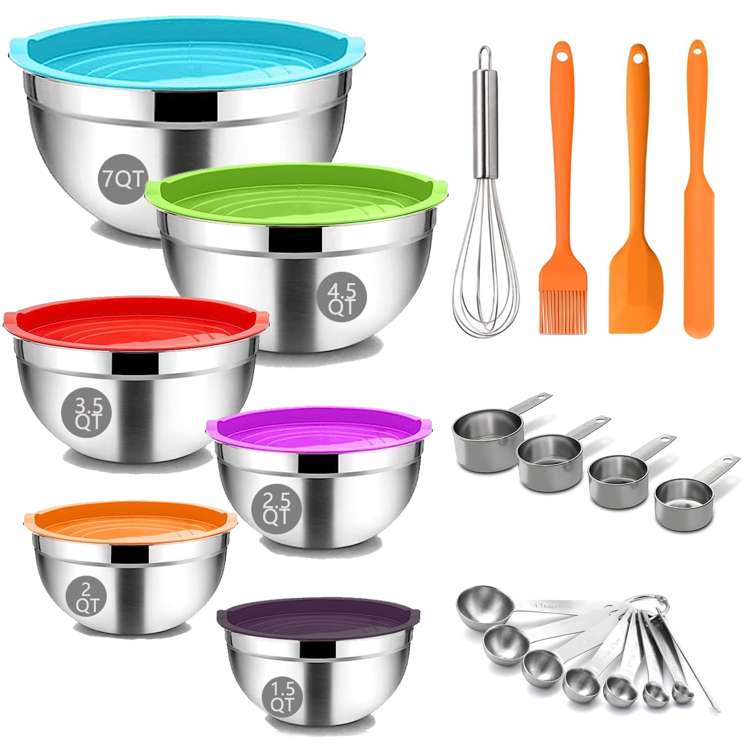  Mixing Bowls with Lid Set, 23PCS Kitchen Utensils Metal Bowl  Stainless Steel Nesting Bowls, Measuring Cups and Spoons, Egg Whisk for  Baking Prepping Cooking Serving Supplies: Home & Kitchen