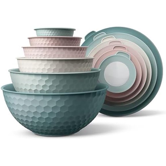 Mixing Bowls with Lids - 12 Piece Plastic Nesting Bowls Set includes 6 Prep Bowls and 6 Lids, Non Slip Bottom and Embossed Design - Microwave Safe (Teal)