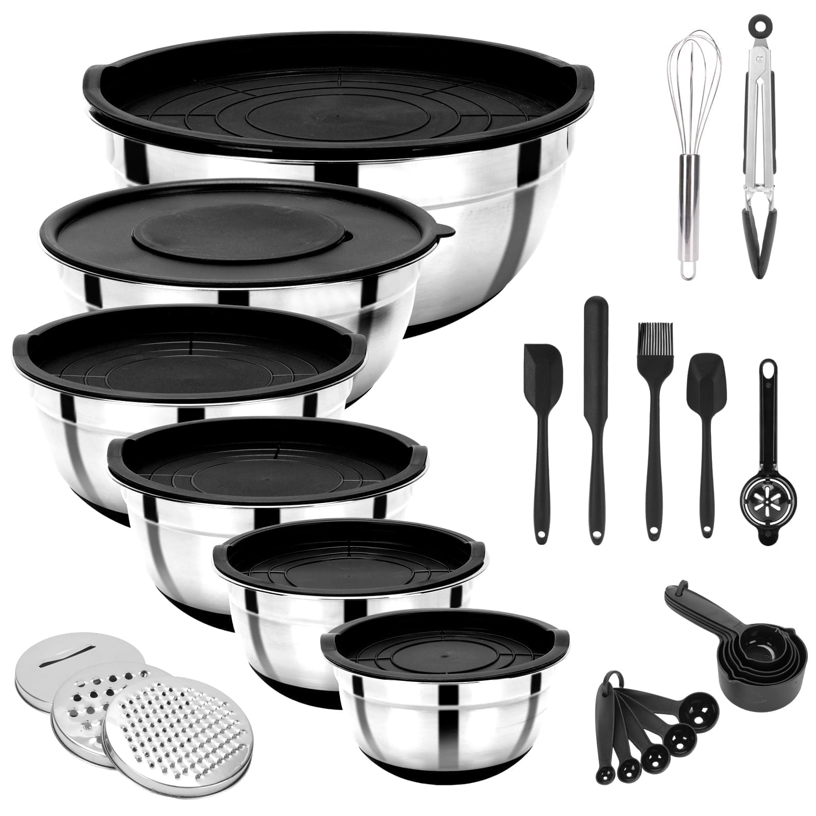 Mixing Bowls with Lids, 32 Piece Stainless Steel Bowls Set, 3 Grater Attachments & Black Non-Slip Bottoms Size 7, 4, 3.5, 2.5, 2, 1.5QT, Great For Mixing & Serving, Black