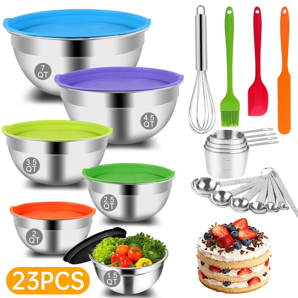 Mixing Bowls with Lids Set, 23 Pcs Kitchen Utensils Stainless Steel Nesting Bowls, Measuring Cups Spoons, 12 Reusable Silicone Stretch Lids Non-Slip Mat Egg Whisk for Baking Cooking by Kosbon