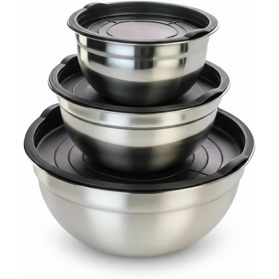 Mixing Bowls with Lids Set of 3, Stainless Steel Nesting Bowls with BPA-Free TPE Lids, 1.5/2.5/5 QT Kitchen Bowls for Baking, Salad Prep, Meal Prep, Mixing and Storage